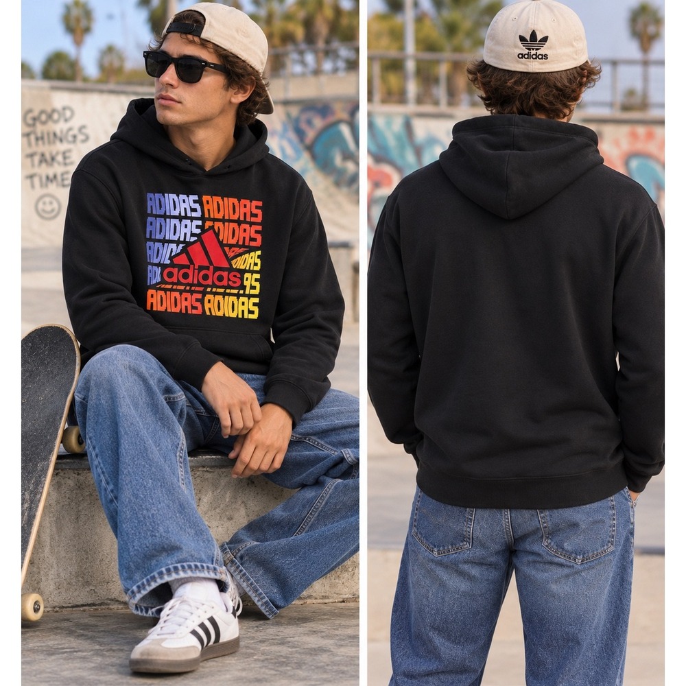Adidas Men's XL Black Multicolor Graphic Pullover Hoodie